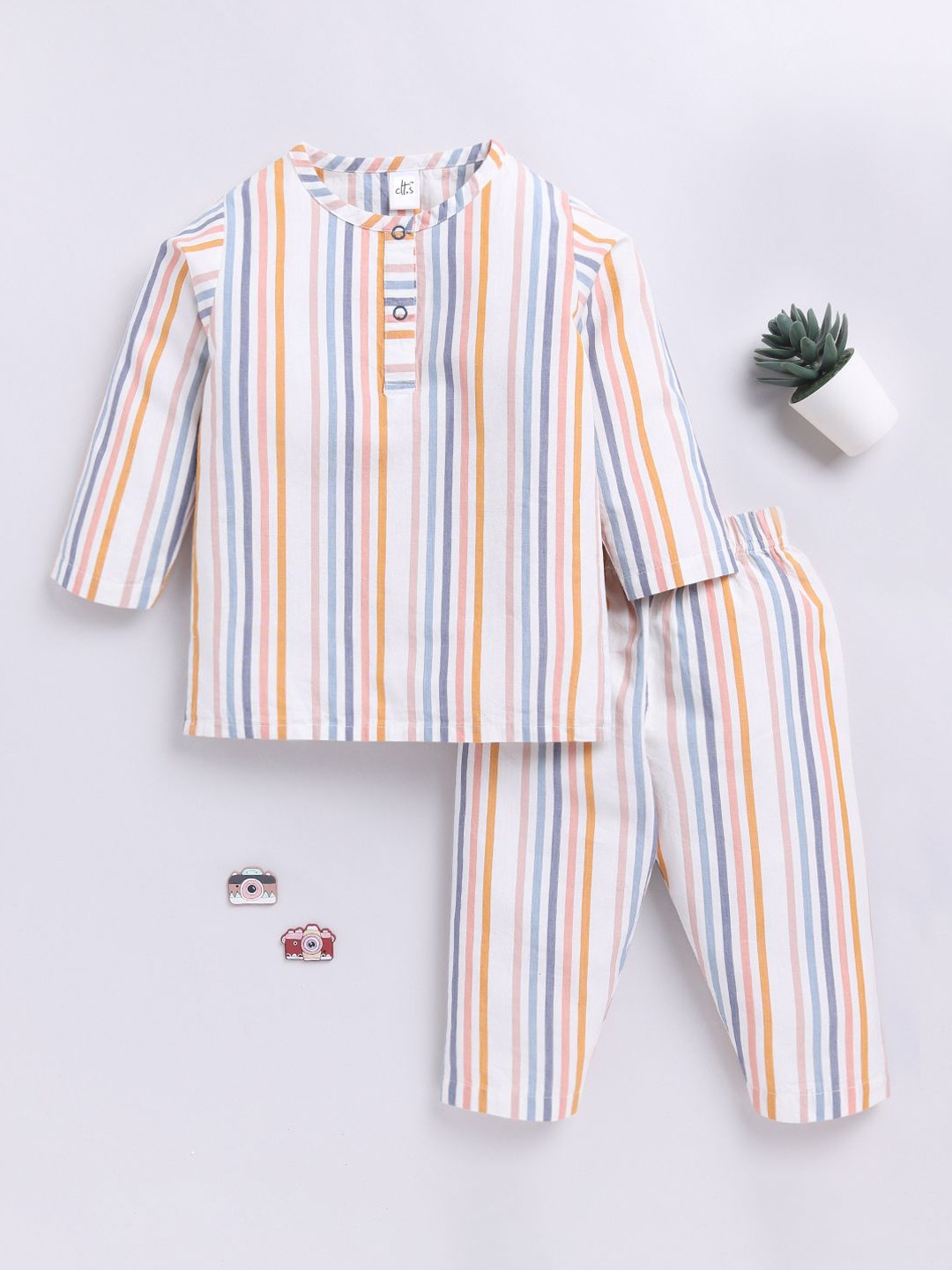 

Clt.s Kids Striped Pure Cotton Night suit, White