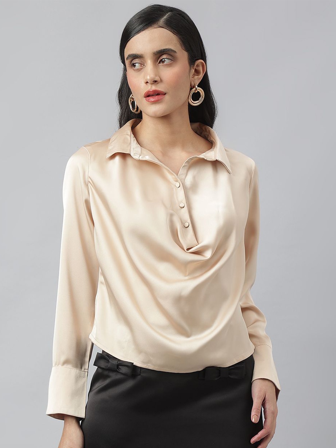 

Latin Quarters Women Shirt Style Casual Solid Full Sleeve Top, Beige