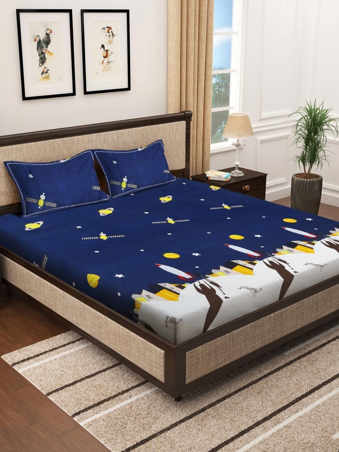 

LITTLE GINNIE Navy Blue Graphic Printed Cotton 144 TC Queen Bedsheet Set 2.54 m x 2.28 m