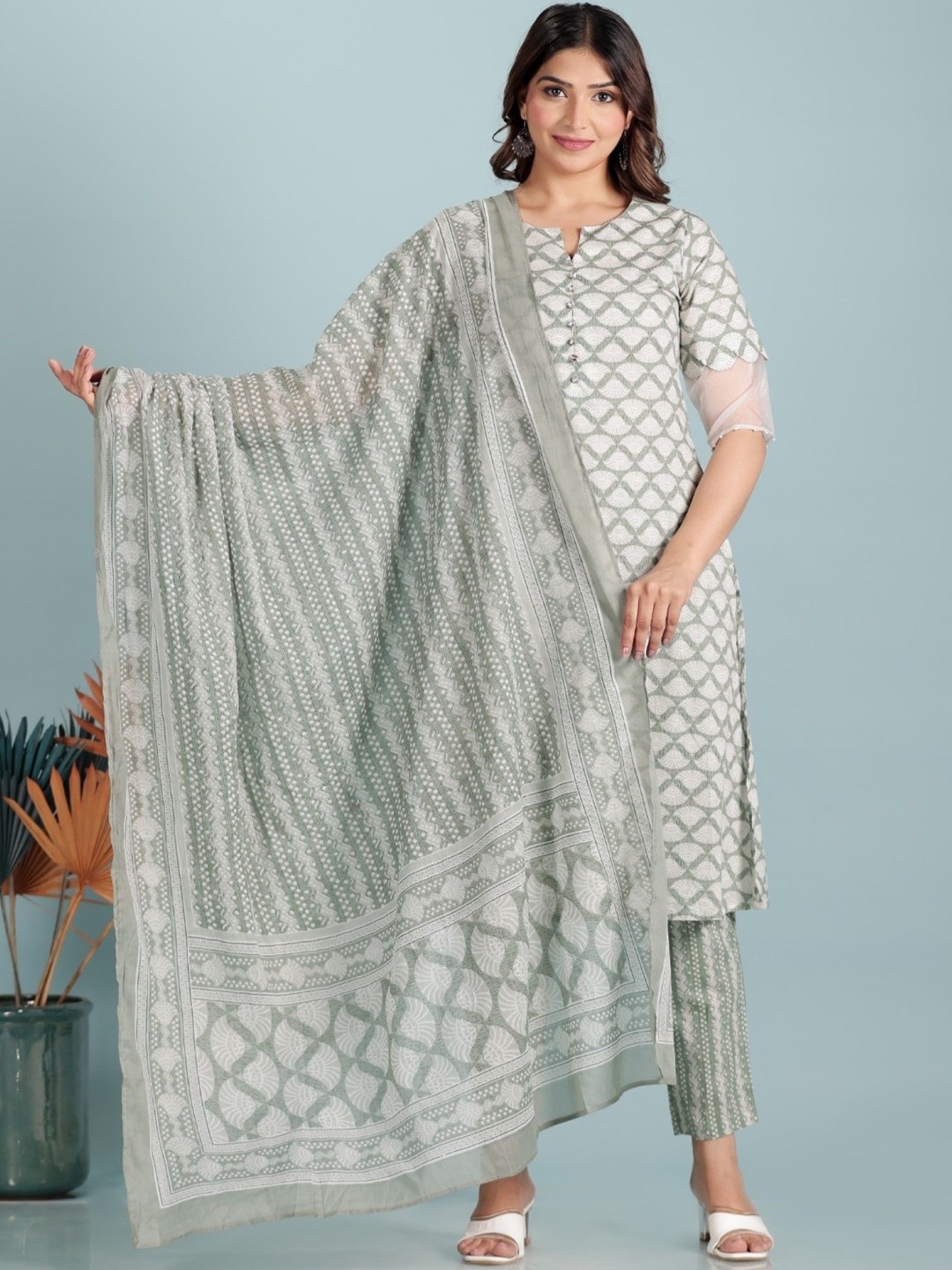 

Aramya Abstract Printed Pure Cotton A-Line Kurta With Trousers & Dupatta, Green