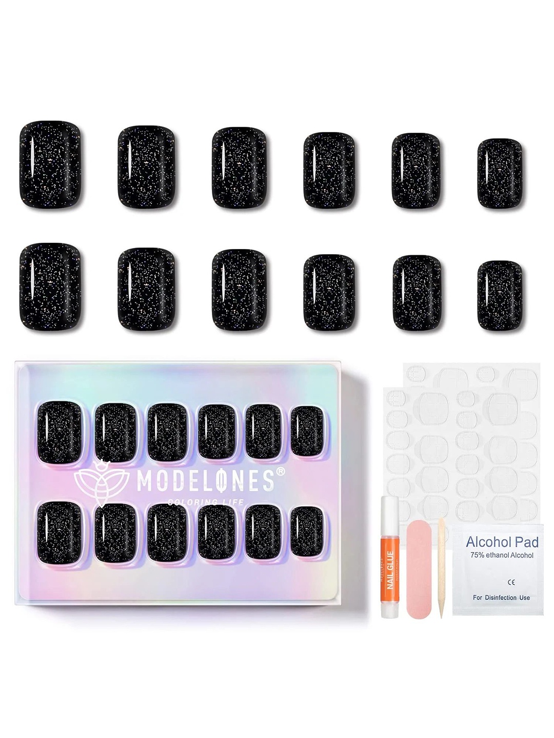 

Modelones Set Of 24 Press On Nails With Application Kit - Glittery Black