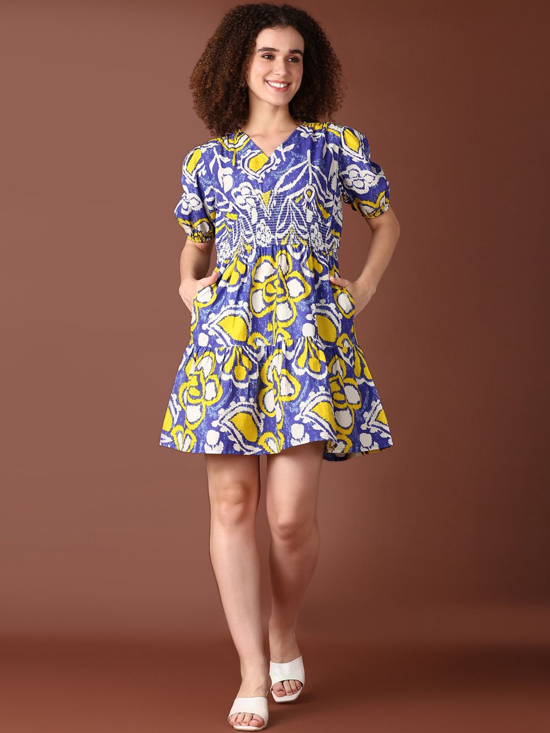 

V-Mart Printed Cotton Above Knee Fit & Flare Dress, Navy blue