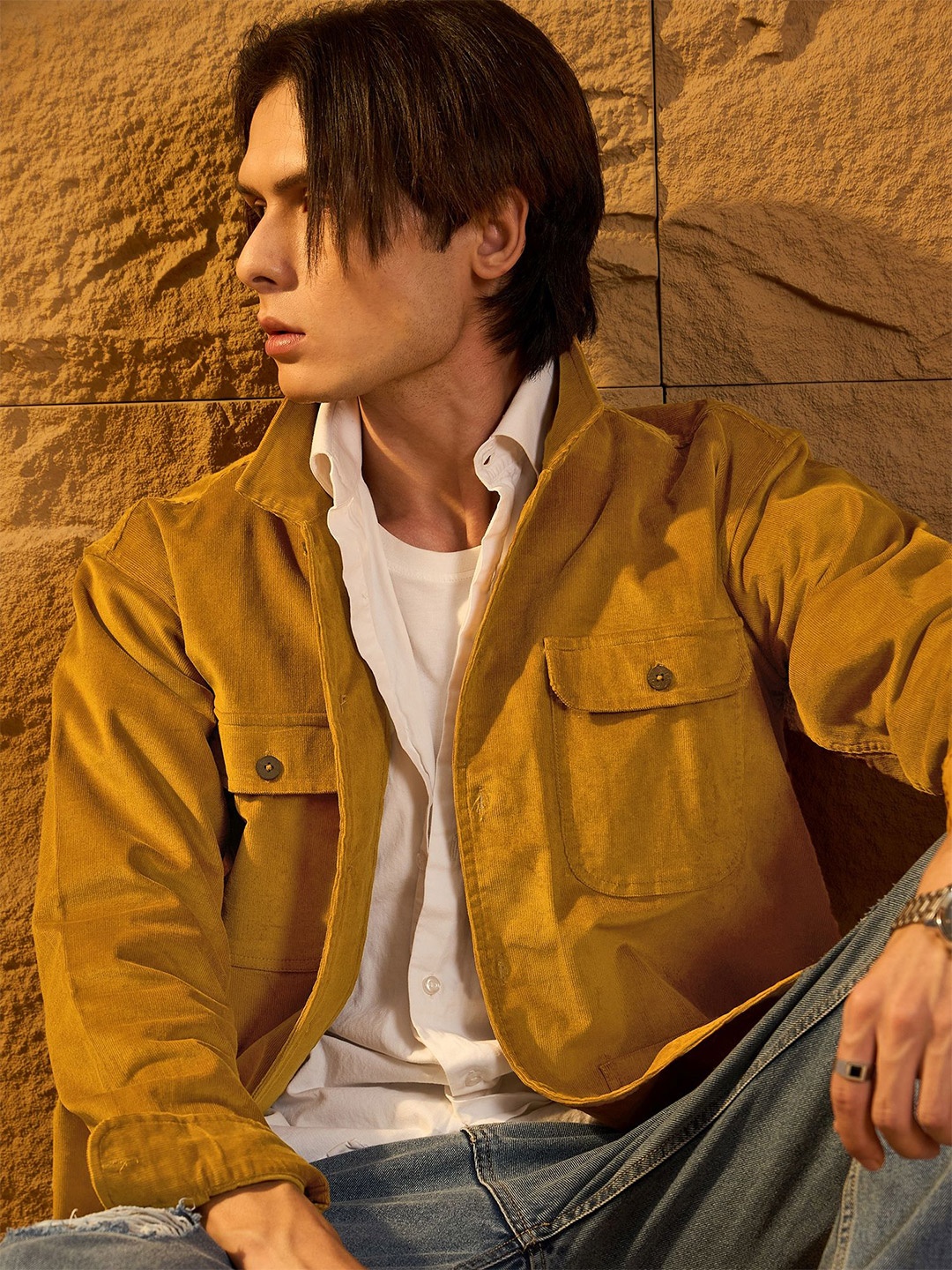

DENNISON Men Four Pocket Drop Shoulder Oversized Corduroy Shacket, Mustard