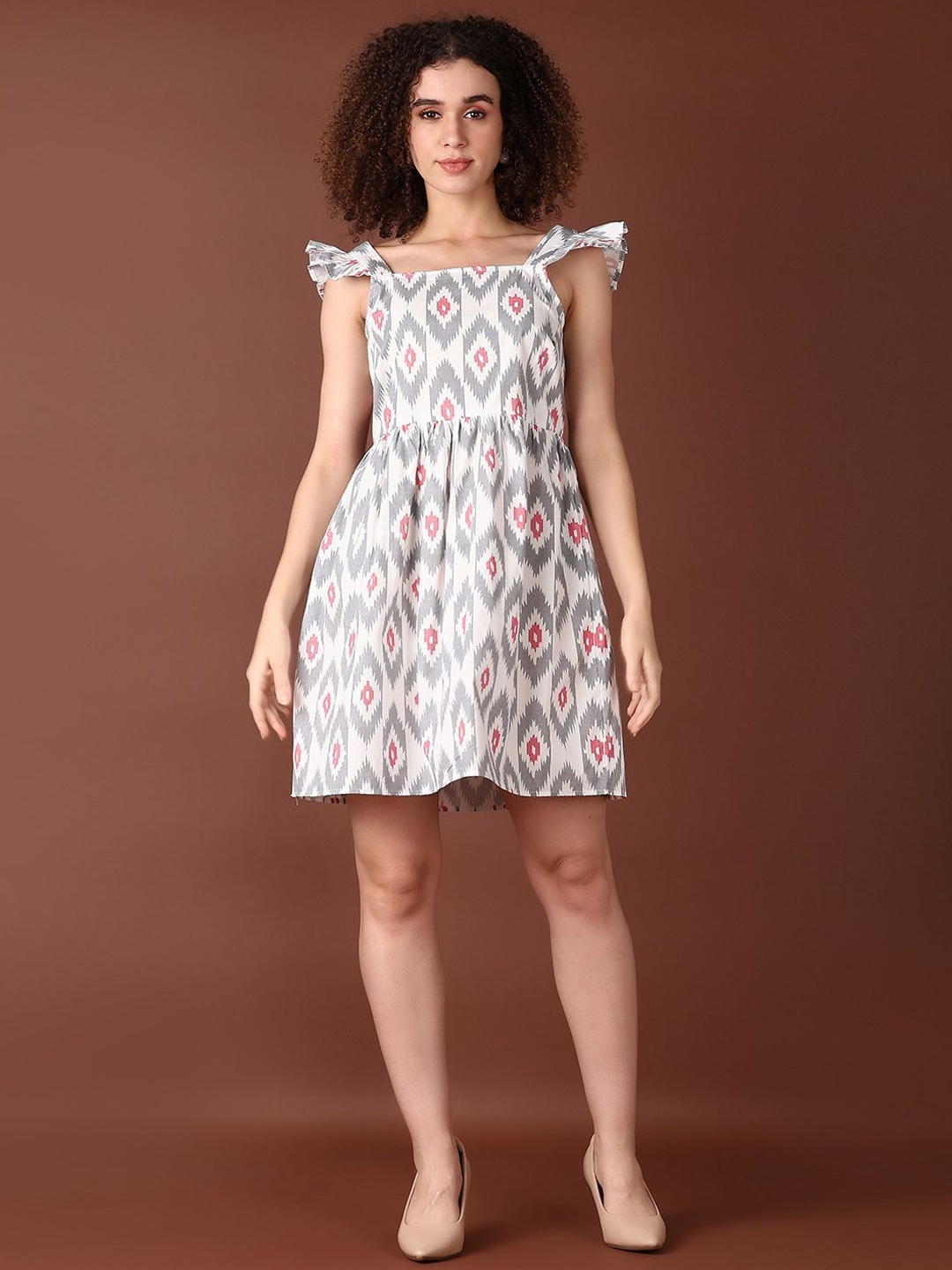 

V-Mart Printed Cotton Fit & Flare Dress, Grey