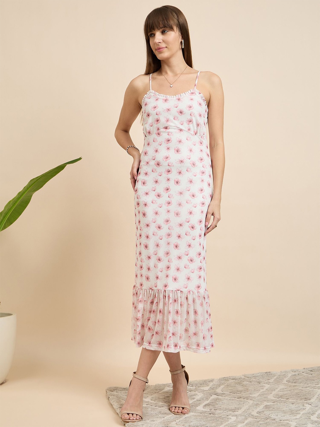 

Mast & Harbour Women Floral Printed Bodycon Midi Dress, Peach