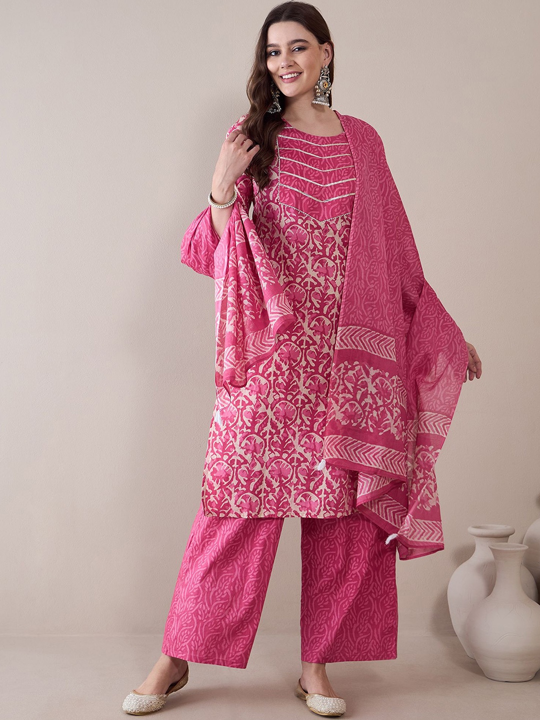 

Anouk Ethnic Motifs Printed Empire Pure Cotton Straight Kurta with Palazzos & Dupatta, Pink