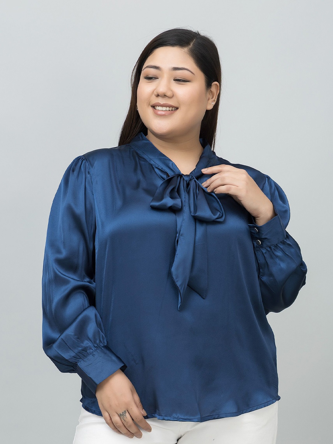 

PURYS PLUS Women Tie-Up Neck Satin Shirt Style Top, Navy blue