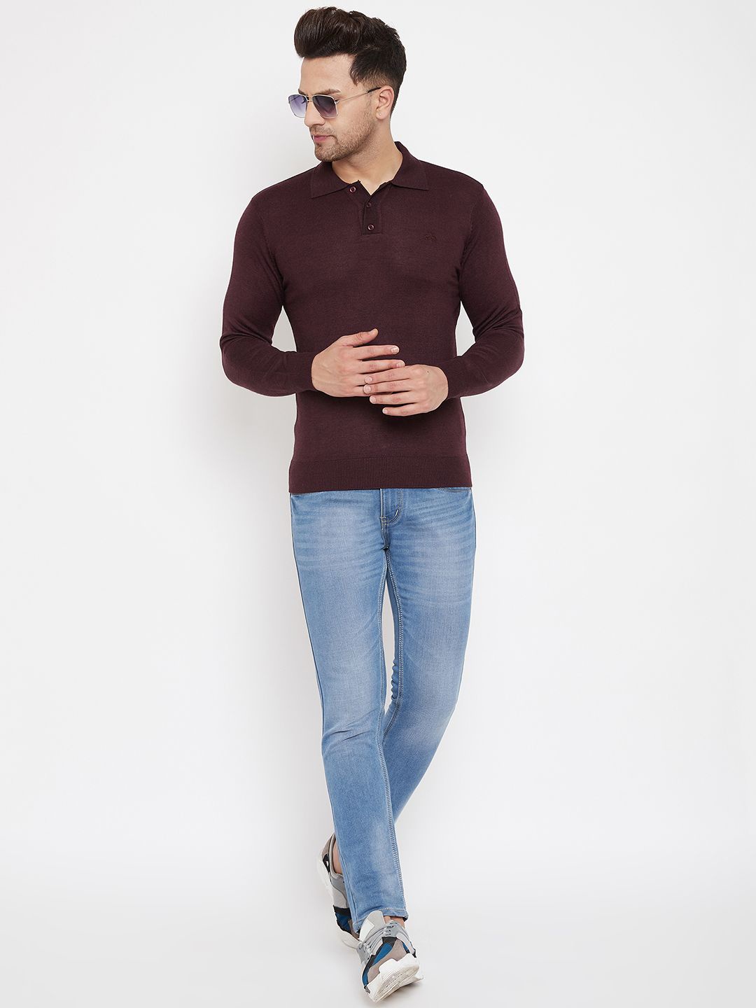 

98 Degree North Men Lapel Collar Woollen Pullover, Maroon