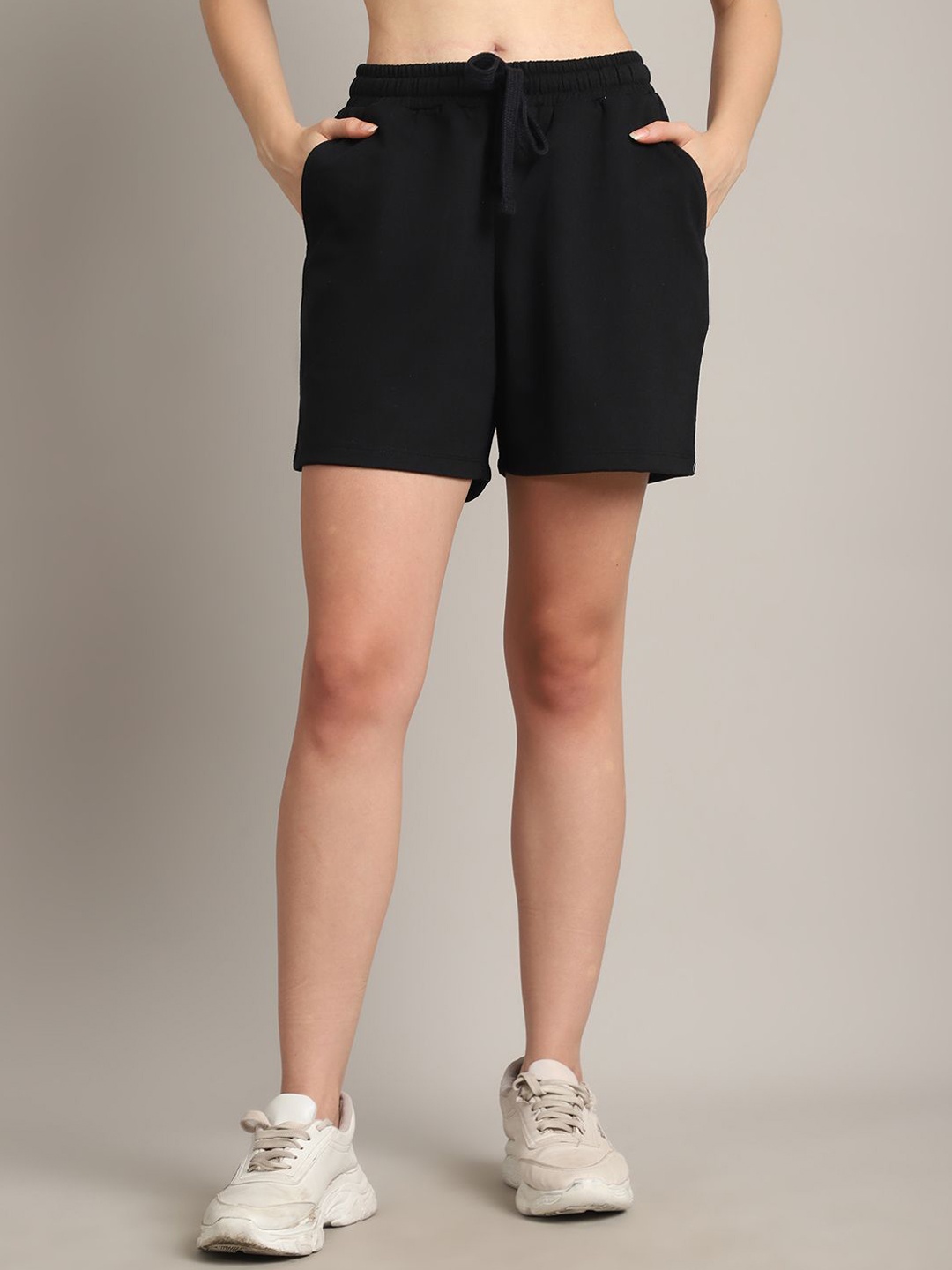 

Rute Women Pure Cotton Mid-Rise Above Knee Shorts, Black
