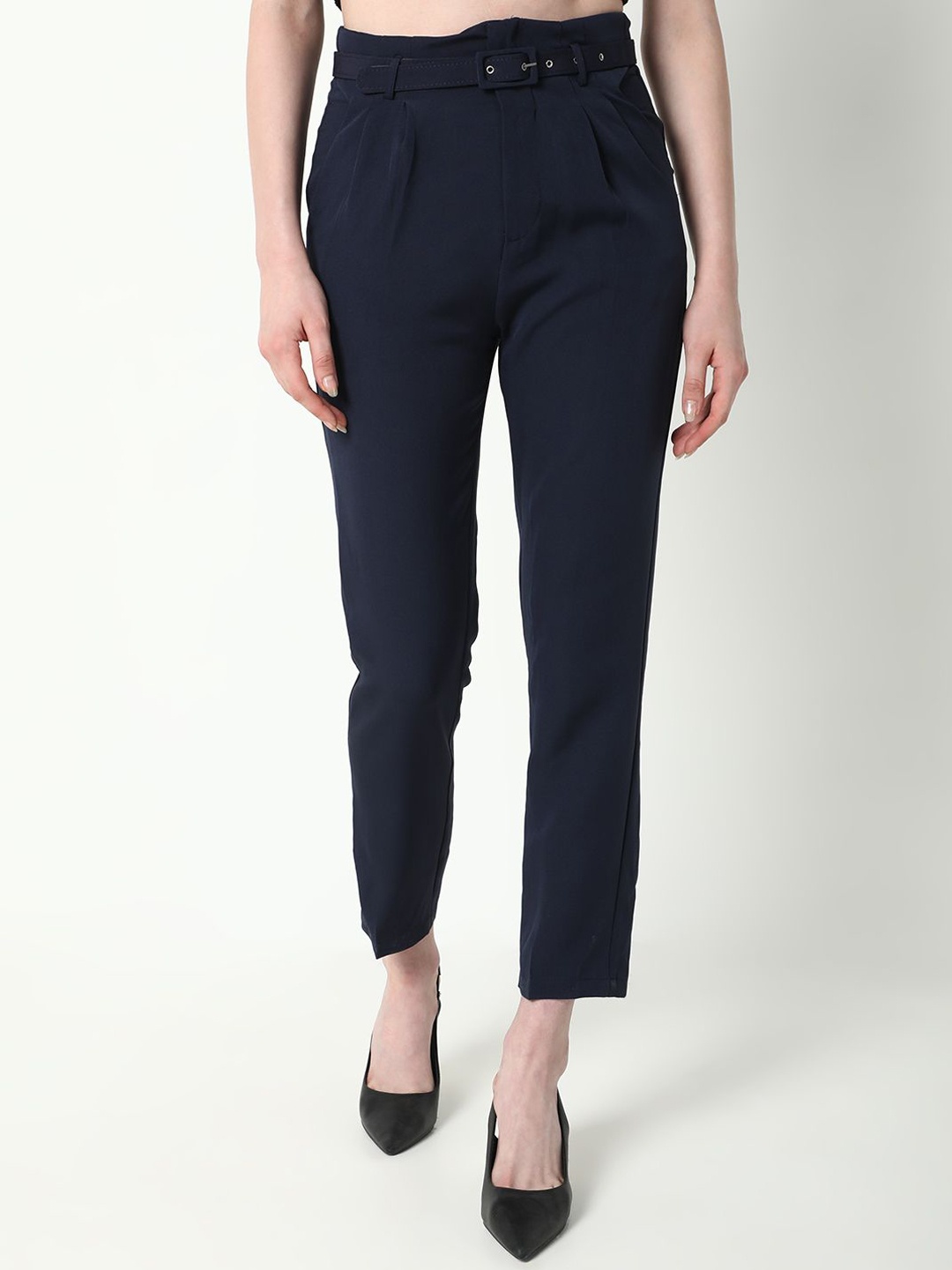 

SHOWOFF Women Comfort Slim Fit Pleated Formal Trousers, Navy blue