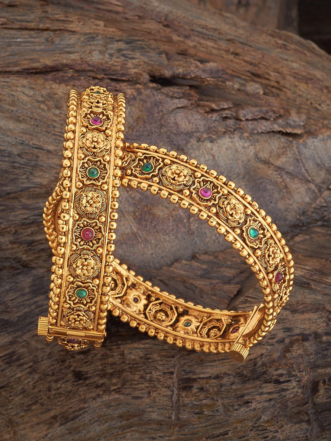 

Kushal's Fashion Jewellery Set Of 2 Gold Plated Stones Studded Antique Bangles