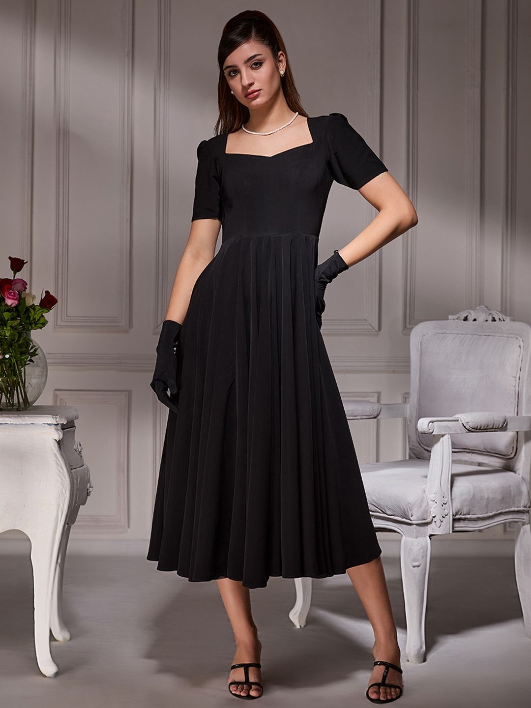 

TORSHA Square Neck Georgette Fit & Flare Midi Dress, Black