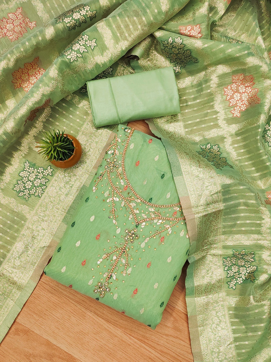 

Maroosh Ethnic Motifs Woven Design Beads Work Unstitched Dress Material, Lime green