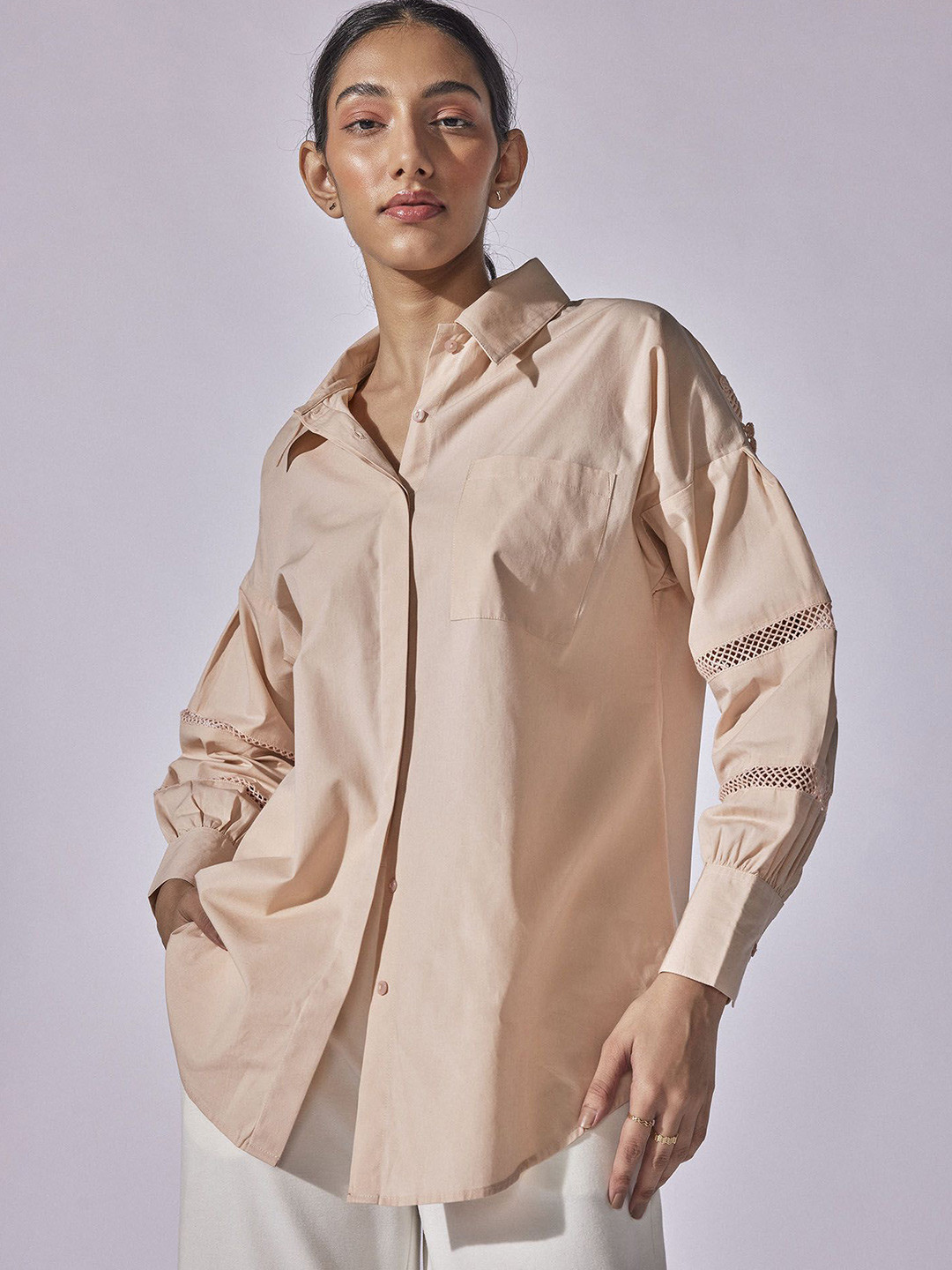 

The Label Life Yoke Lace Insert Oversized Casual Shirt, Peach