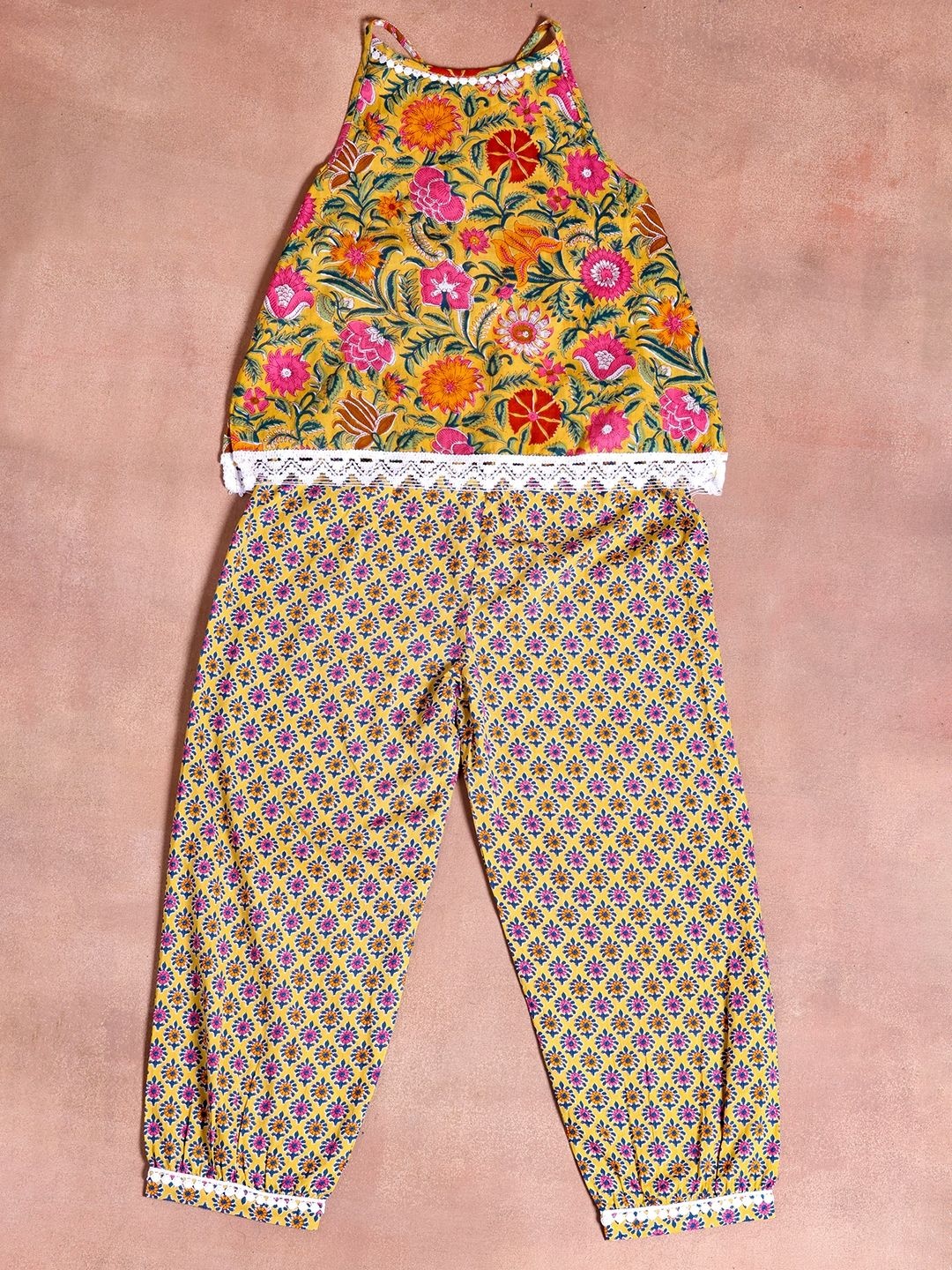 

Libas KIDS Girls Floral Printed Criss-Cross Neck Pure Cotton Top With Salwar, Yellow