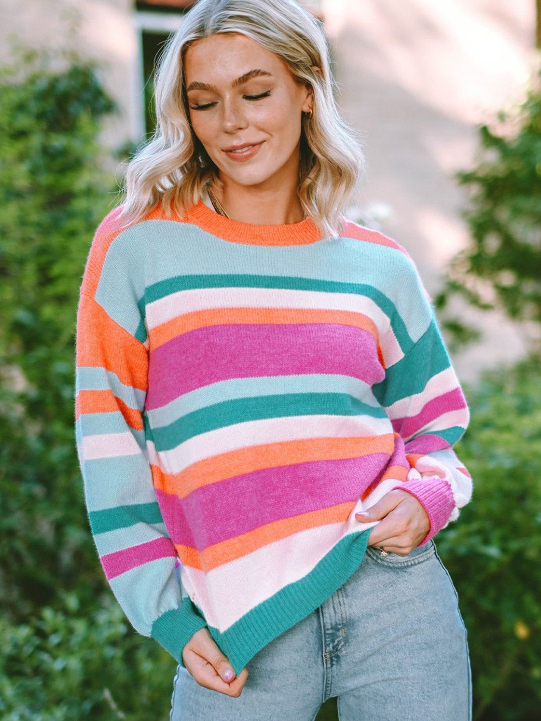 

StyleCast Women Striped Round Neck Pullover Sweaters, Green