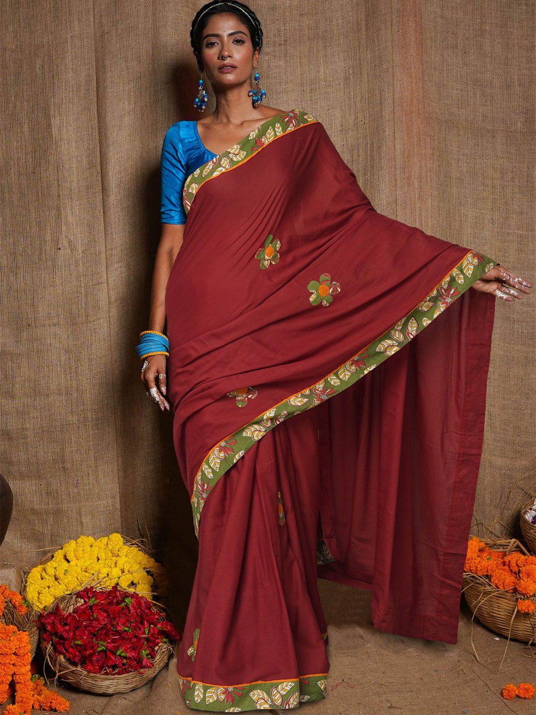 

Unnati Silks Floral Pure Cotton Handloom Block Print Saree, Maroon