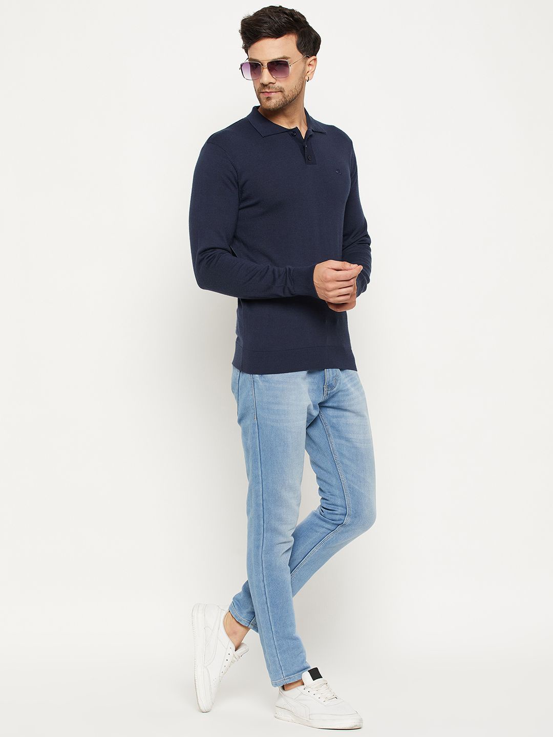 

98 Degree North Men Shirt Collar Woollen Pullover, Navy blue