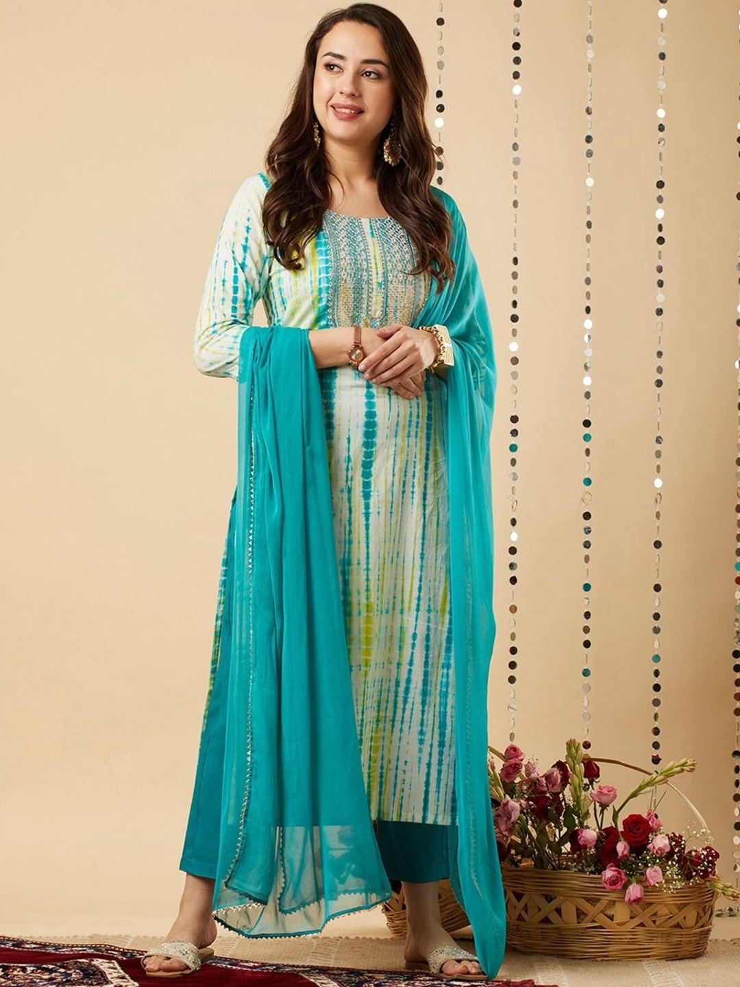 

Anni Designer Abstract Printed Regular Sequinned Straight Kurta with Trousers & Dupatta, Turquoise blue