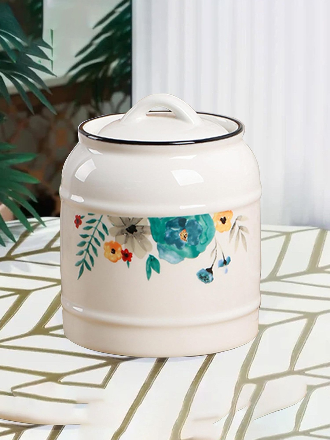 

Ekhasa White & Blue Floral Printed Ceramic Canister Container with Lid - 750 ml