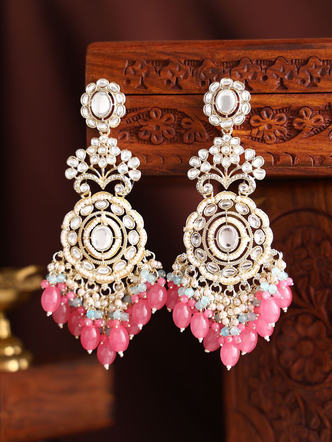 

Priyaasi Gold-Plated Kundan Stone Studded & Pearls Beaded Contemporary Drop Earrings