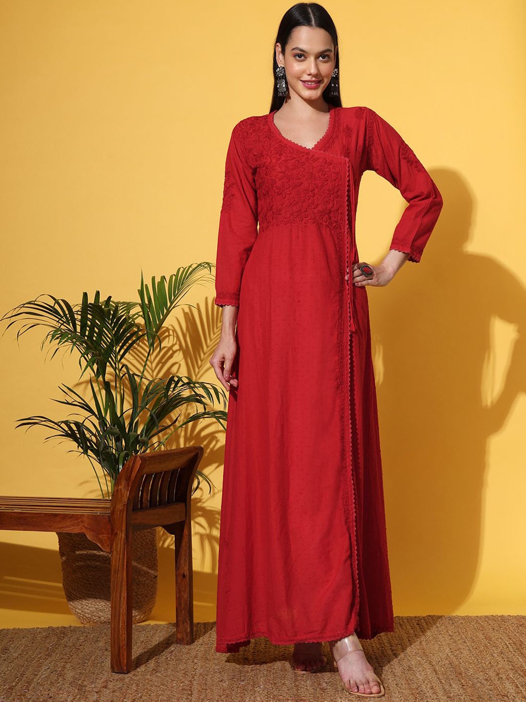 

The Chikan Label Floral Embroidered Chikankari V-Neck Angrakha Cotton A-Line Kurta, Red