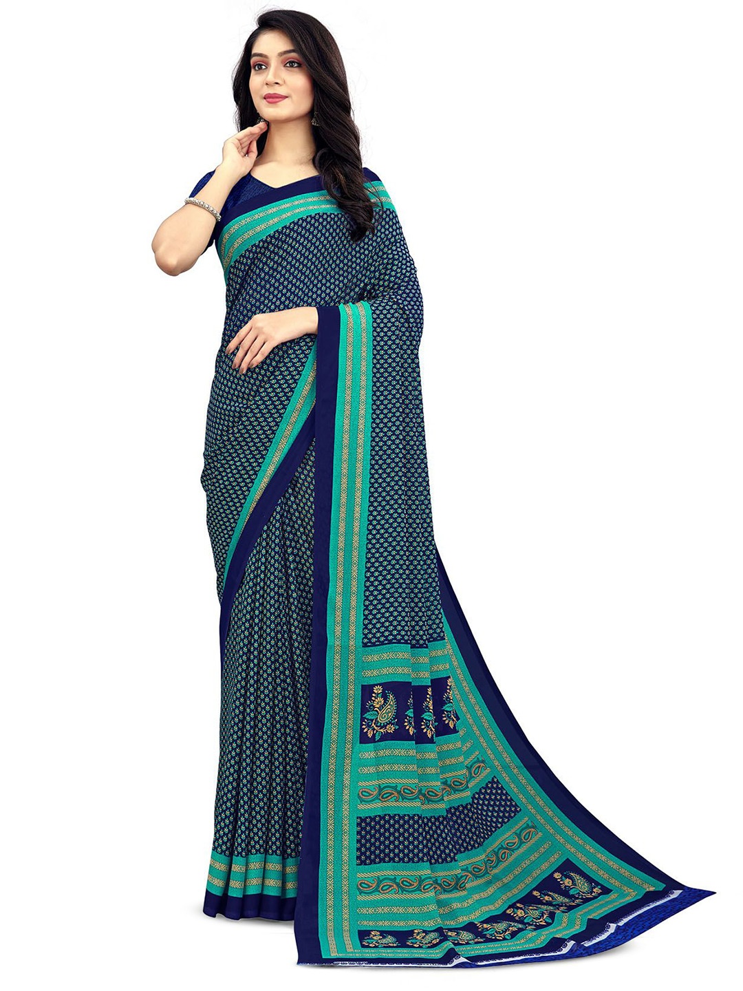 

Navvi Ethnic Motifs Printed Poly Georgette Saree, Blue