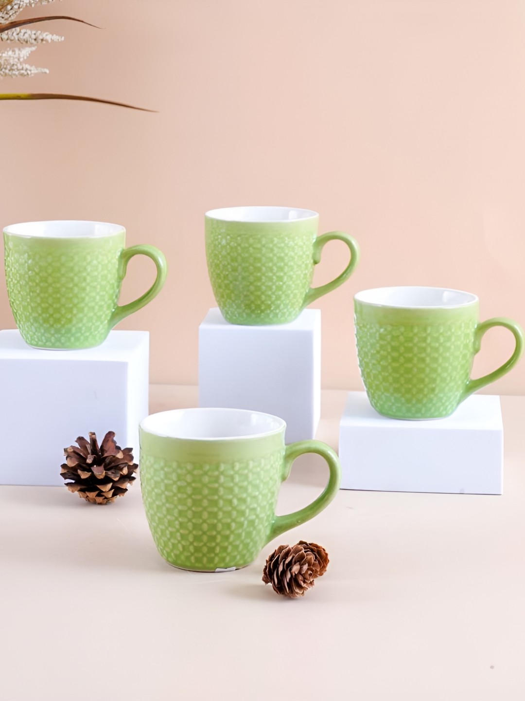 

Storepedia Green & White 4 Pieces Textured Ceramic Matte Cups
