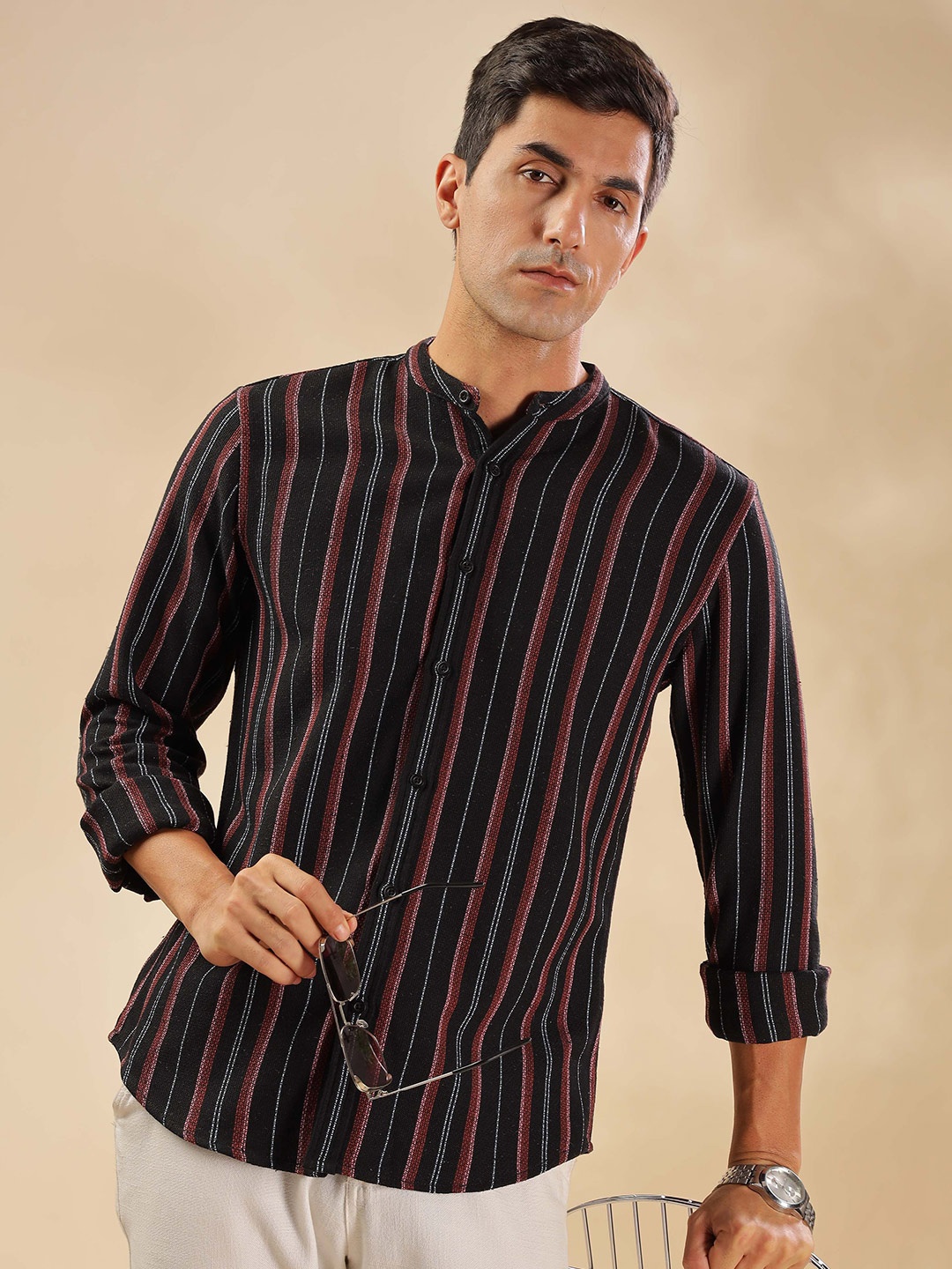 

HERE&NOW Men Band Collar Vertical Striped Cotton Slim Fit Casual Shirt, Black