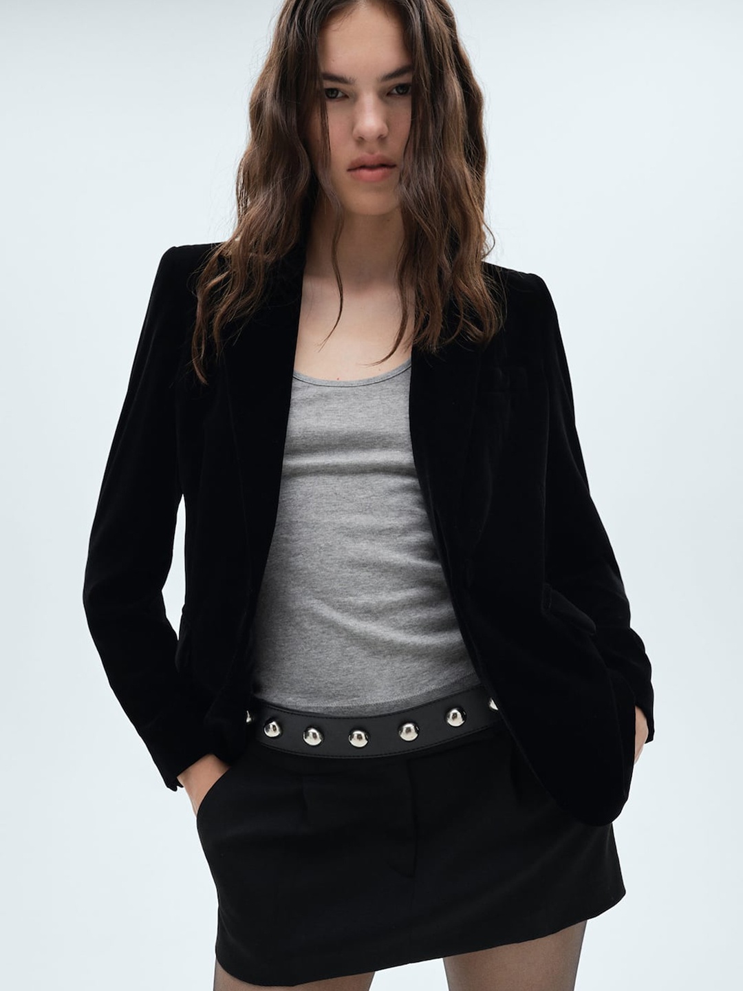 

MANGO Peaked Lapel Velvet Front Open Blazer, Black