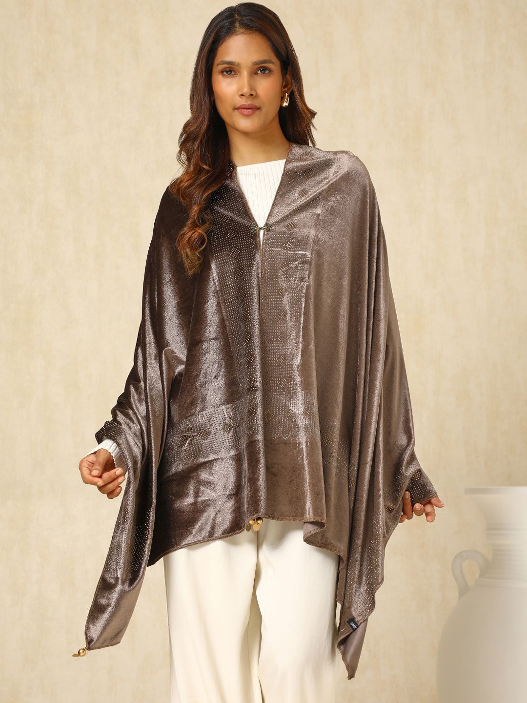 

Soch Floral Embellished Velvet Shawl, Brown