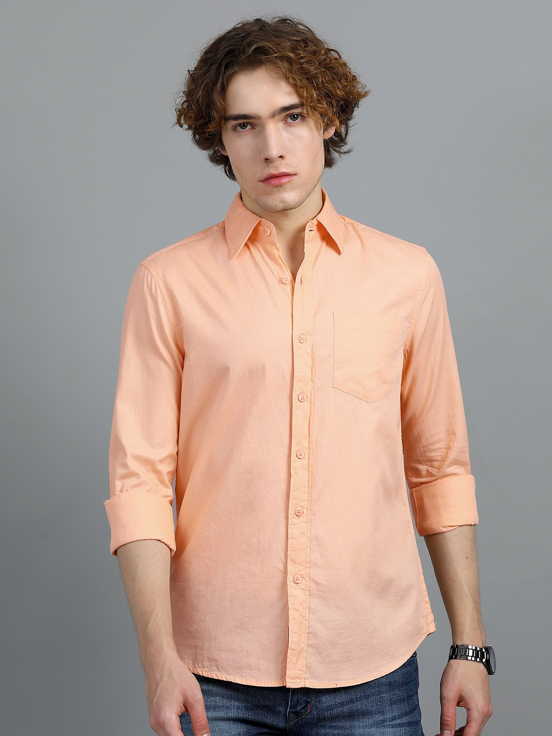 

SILISOUL Men Classic Spread Collar Solid Cotton Casual Shirt, Orange