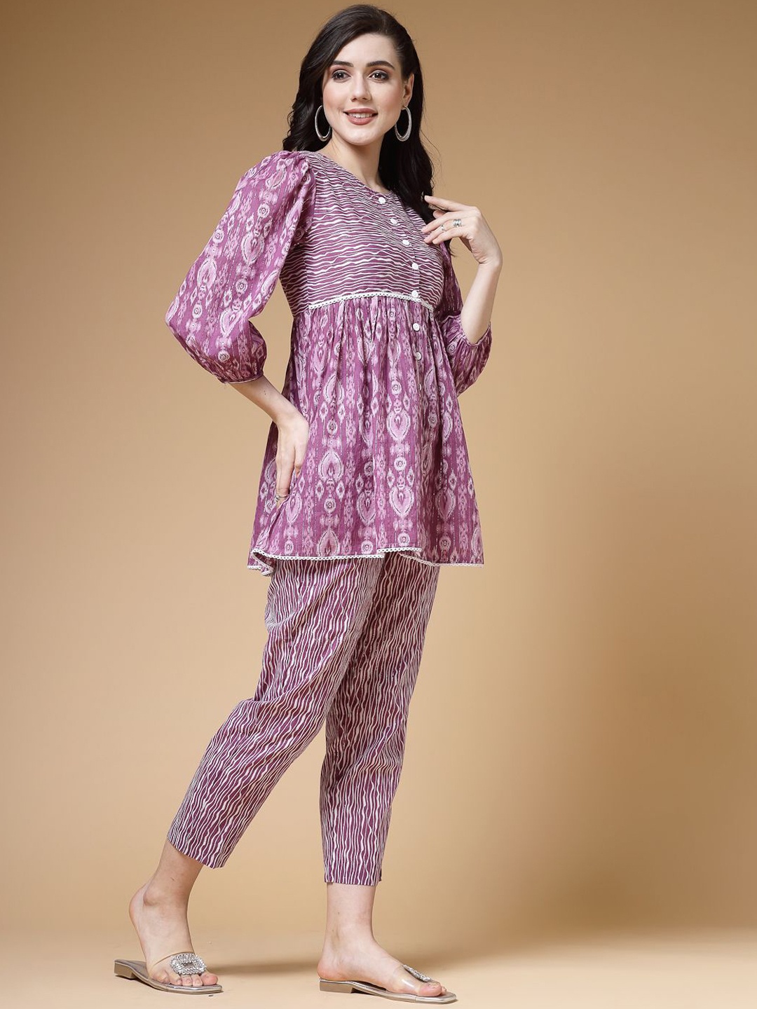 

Indibelle Ikat Printed Cotton Lurex Top & Trouser Co-Ords, Purple