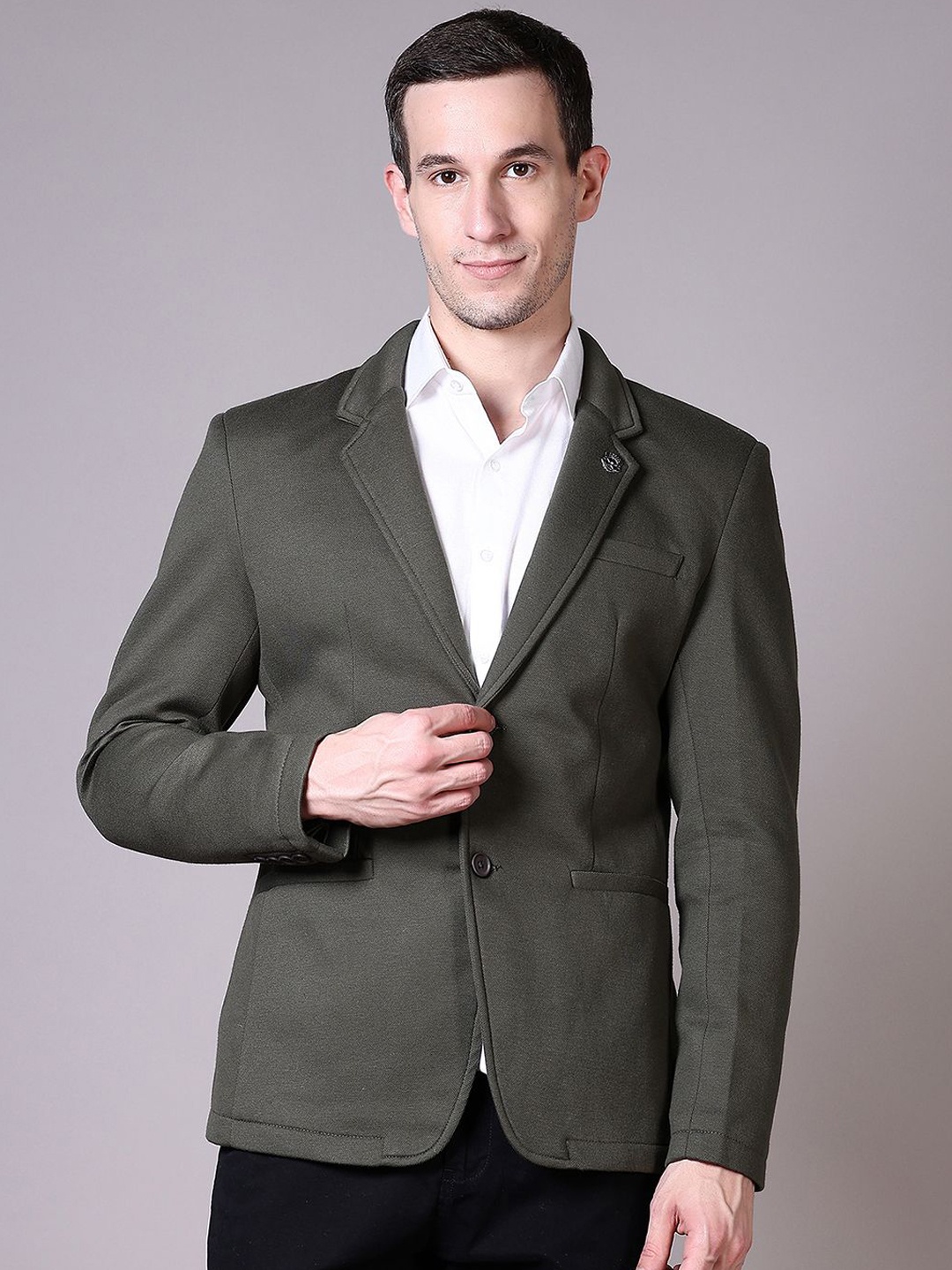 

V-Mart Notched Lapel Collar Single- Breasted Blazer, Olive
