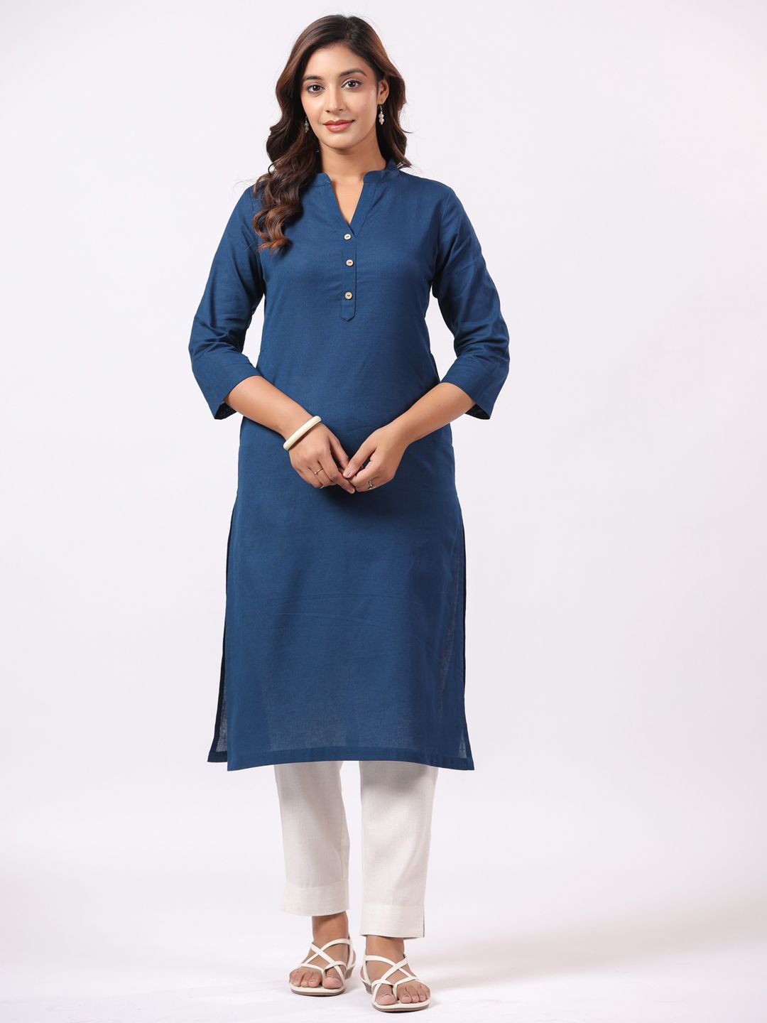 

PIROH Mandarin Collar Cotton Straight Kurta, Navy blue