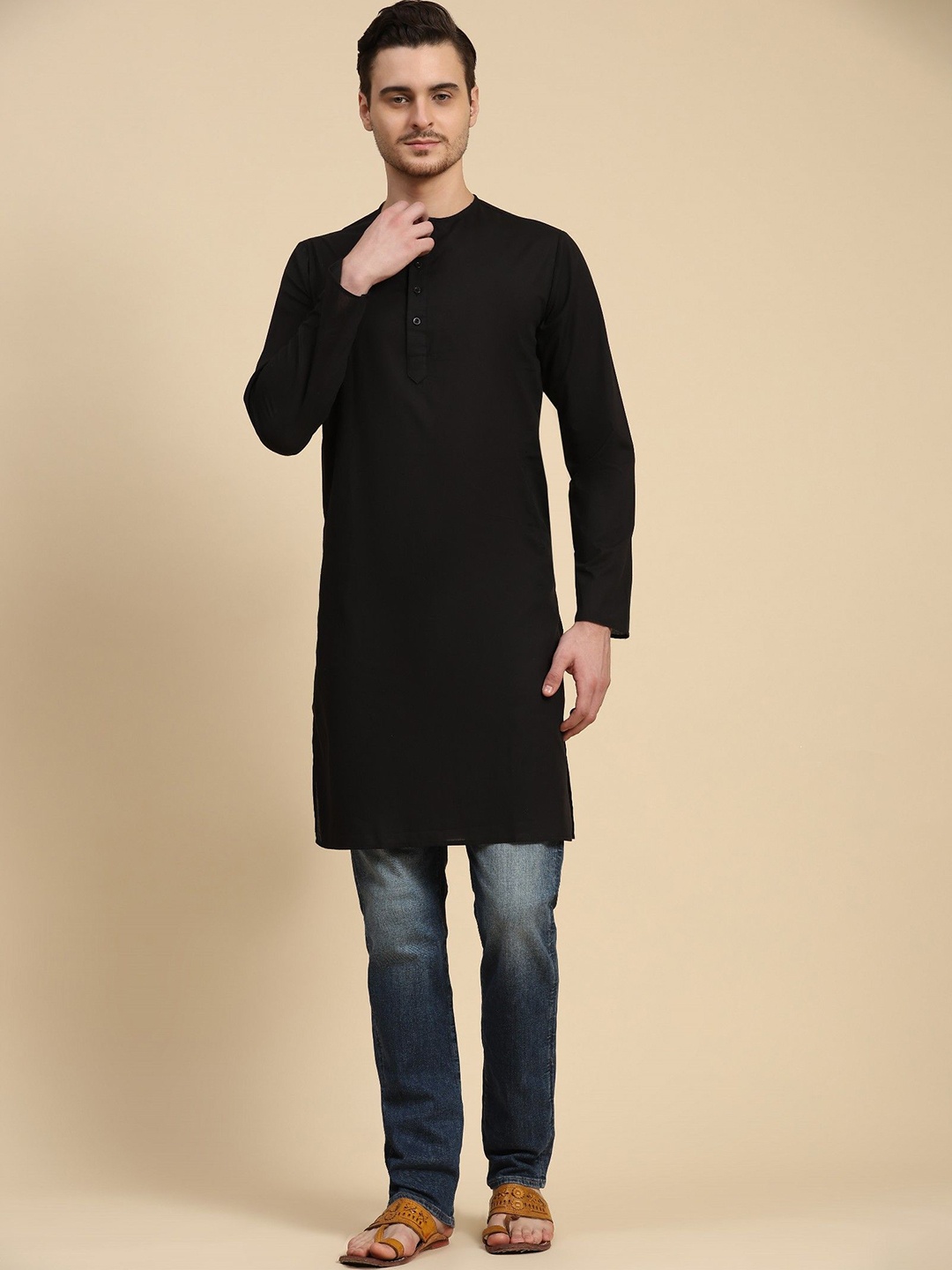 

SKAVIJ Band Collar Cotton Straight Kurta, Black