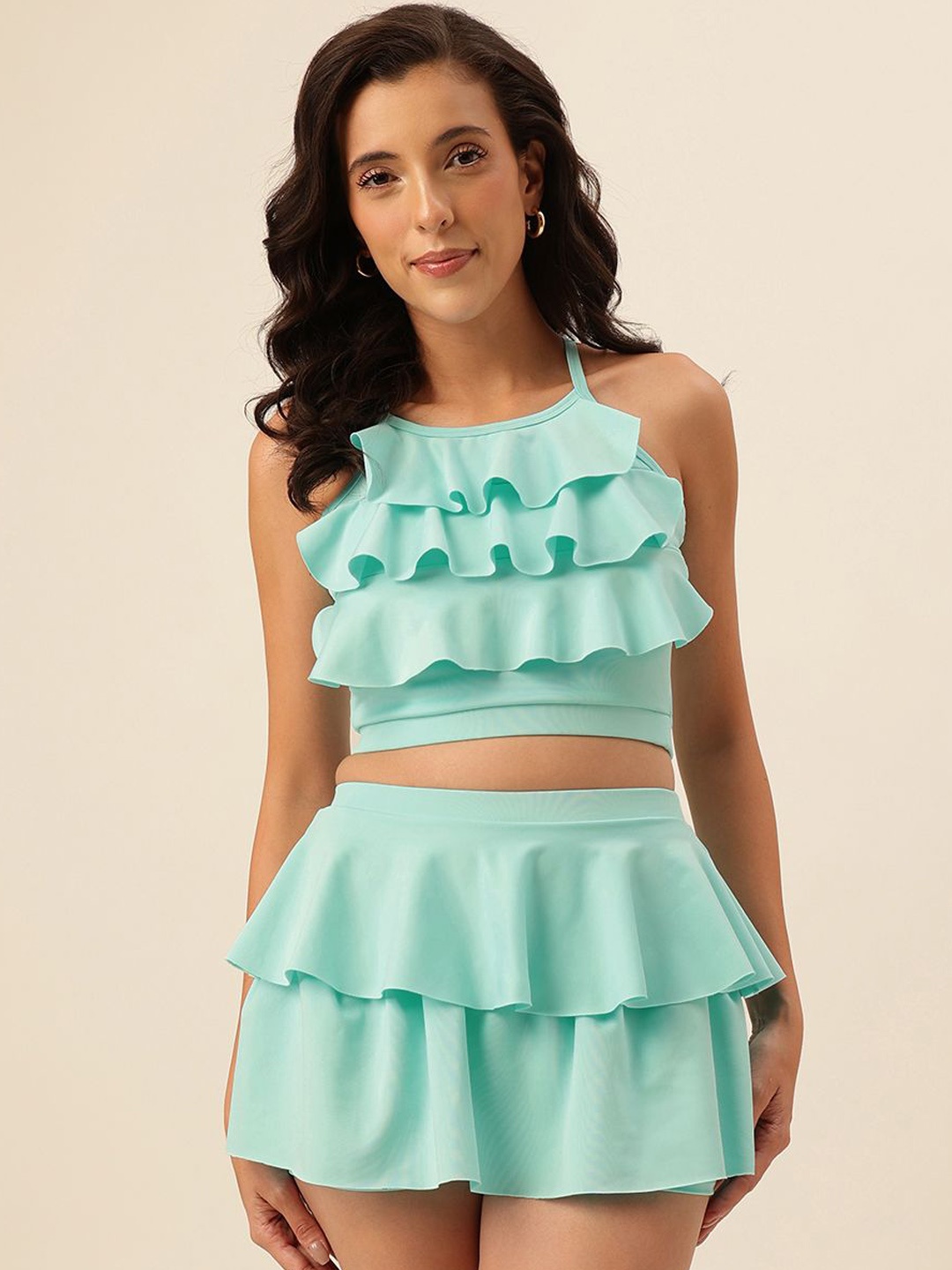 

CUKOO Women Shoulder Straps Padded Sleeveless Top & Skirts Swim Set, Sea green
