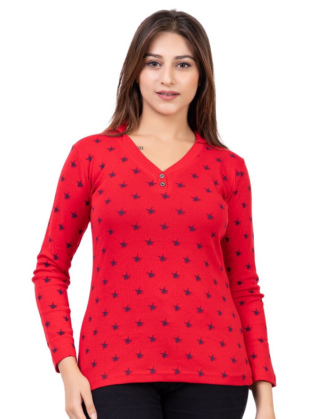 

ARIIX Women Printed V-Neck Slim Fit T-shirt, Red