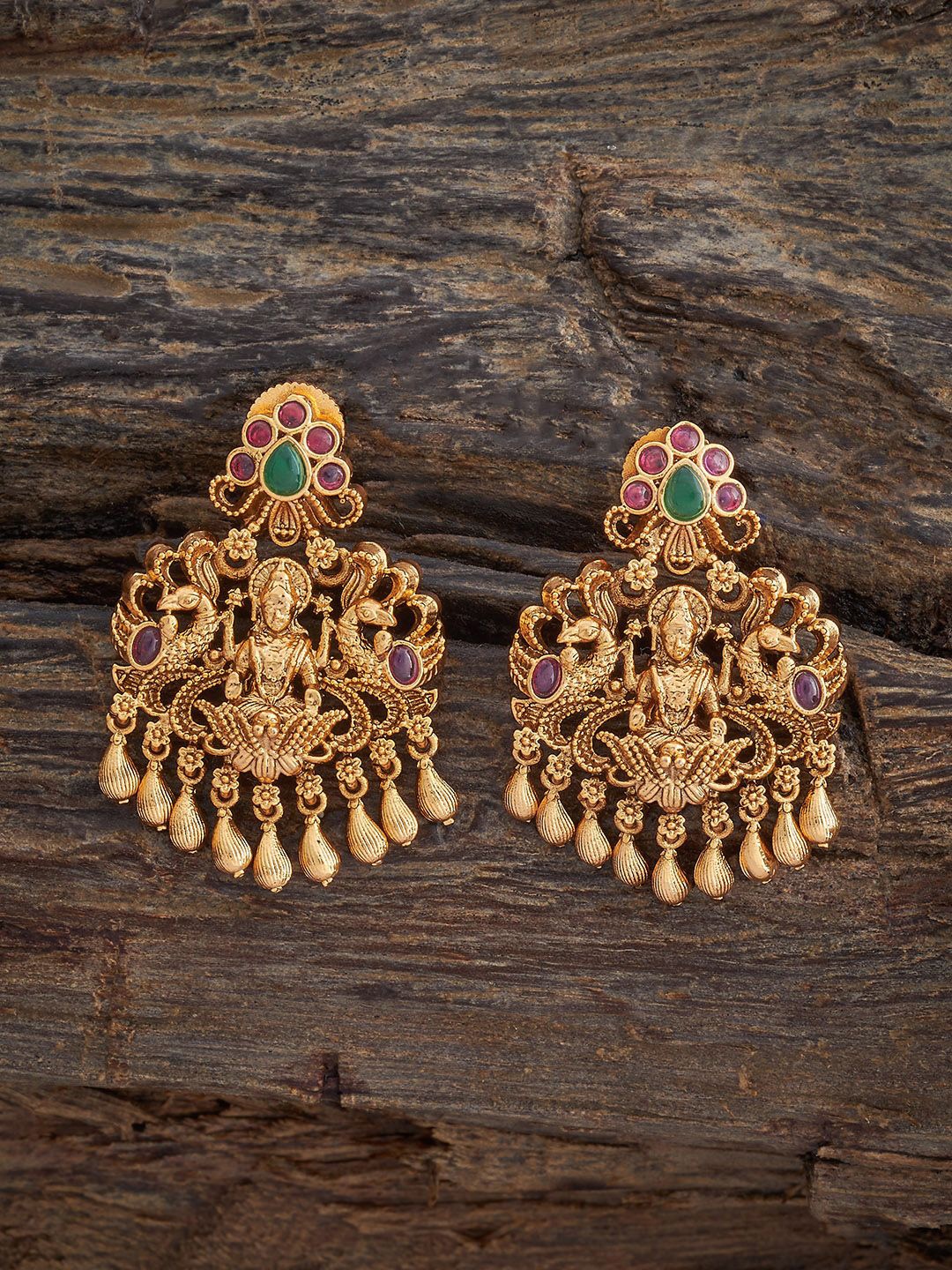 

Kushal's Fashion Jewellery Gold-Plated Ruby Studded Contemporary Antique Drop Earrings