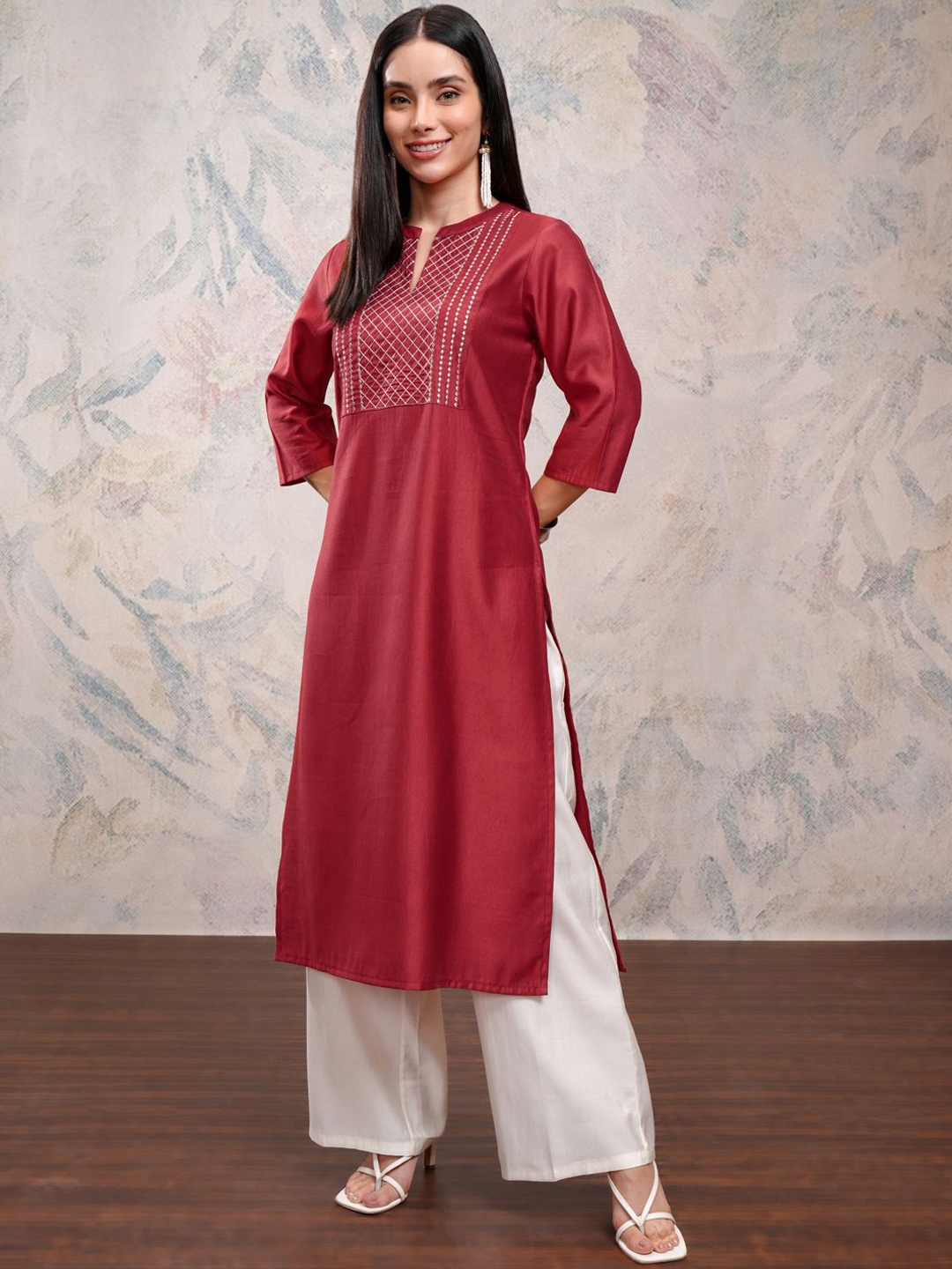 

Vishudh Red Floral Woven Design Three-Quarter Sleeves Zari Kurta