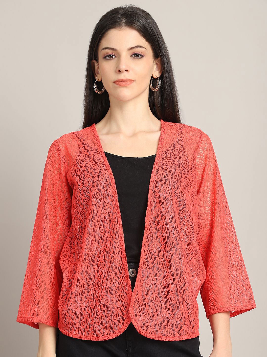 

Rute Self Design Pure Cotton Open Front Shrug, Red