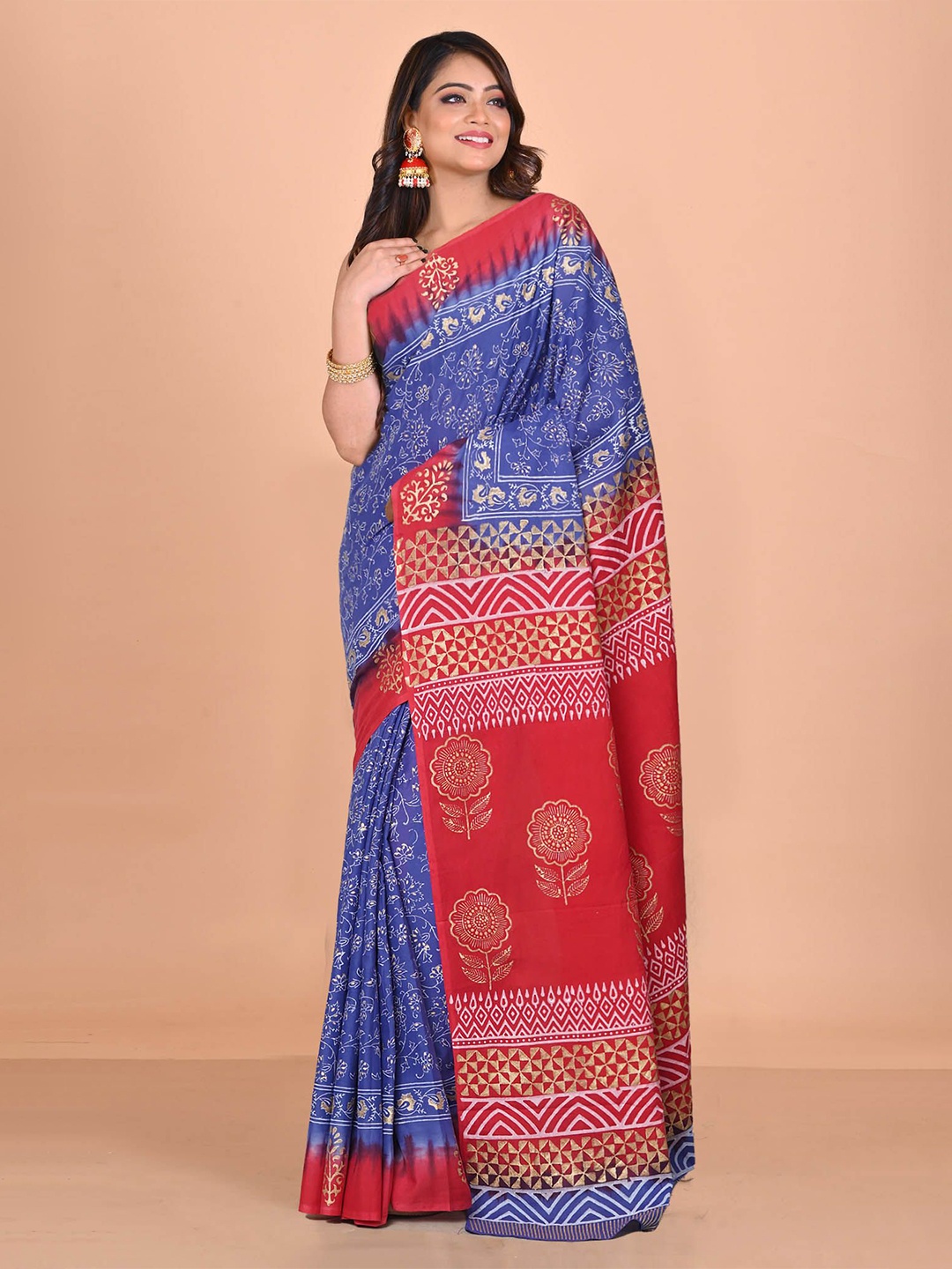 

Unnati Silks Floral Pure Cotton Handloom Block Print Saree, Blue