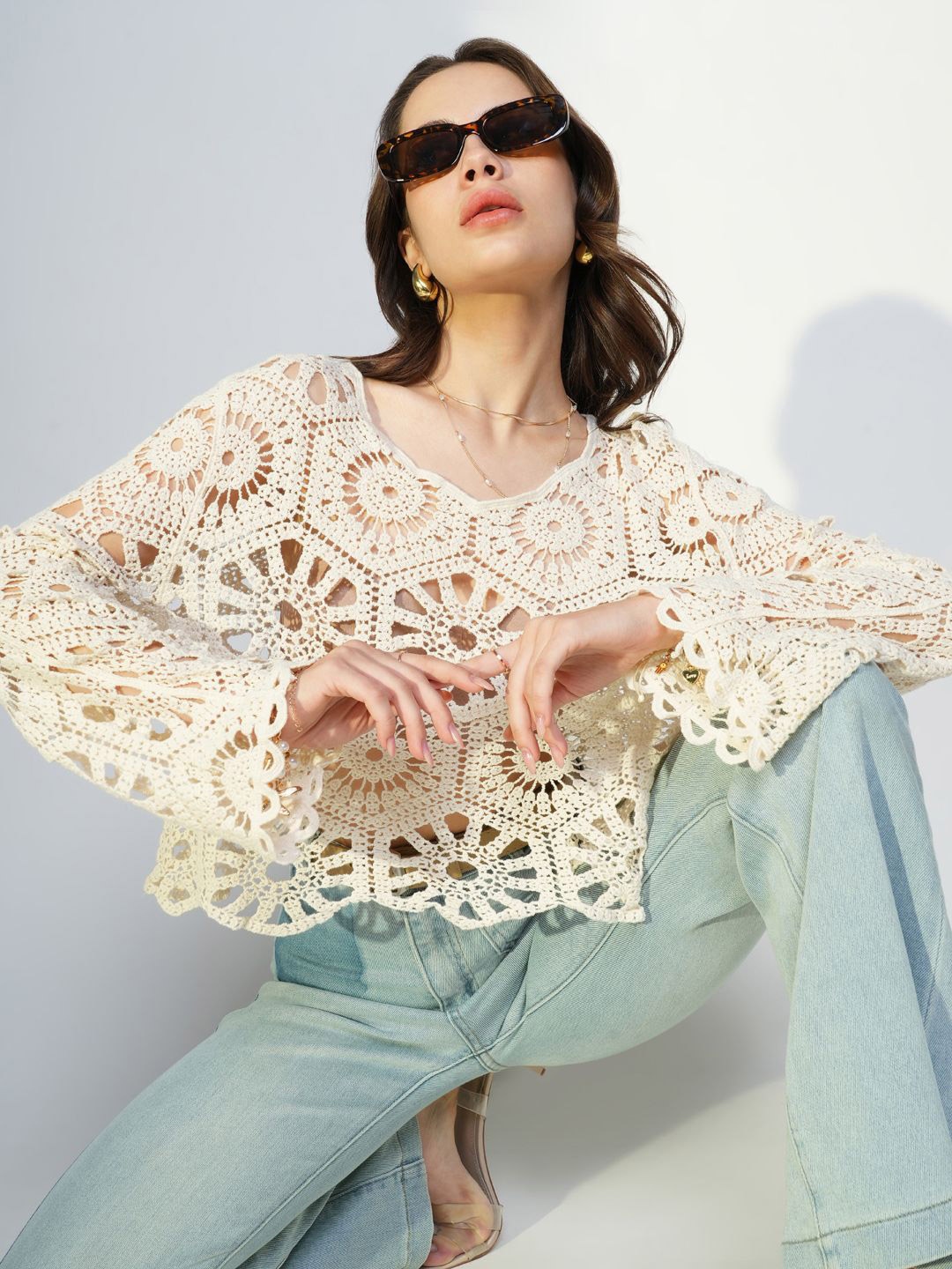 

SHOWOFF Women Long Sleeves Crochet Crop Top, Cream