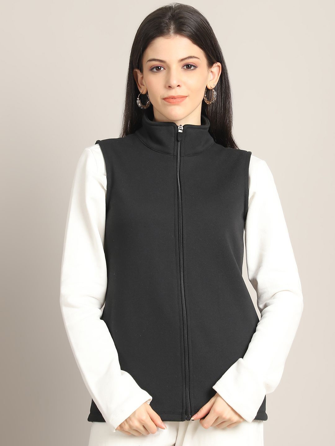 

Rute Women Mock Collar Sleeveless Cotton Sweatshirt, Black