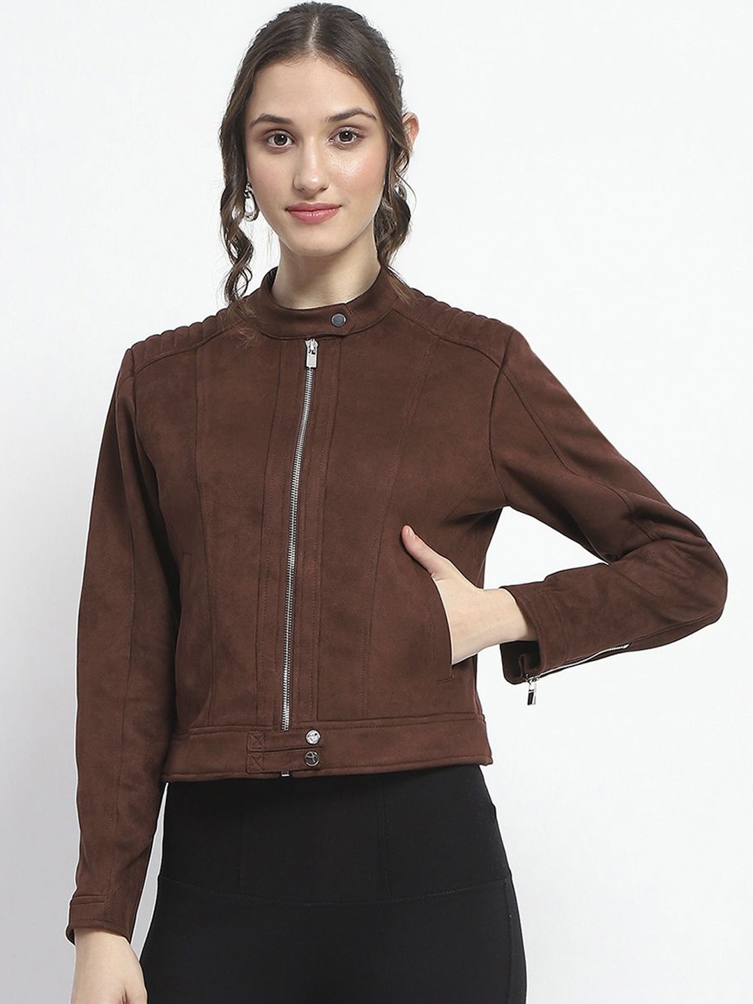 

Madame Women Solid Crop Biker Jacket, Coffee brown