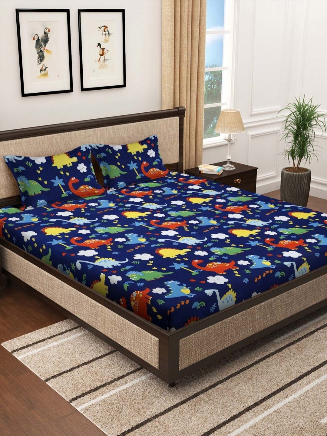 

LITTLE GINNIE Navy Blue Graphic Printed Cotton 144 TC Queen Bedsheet Set 2.54 m x 2.28 m