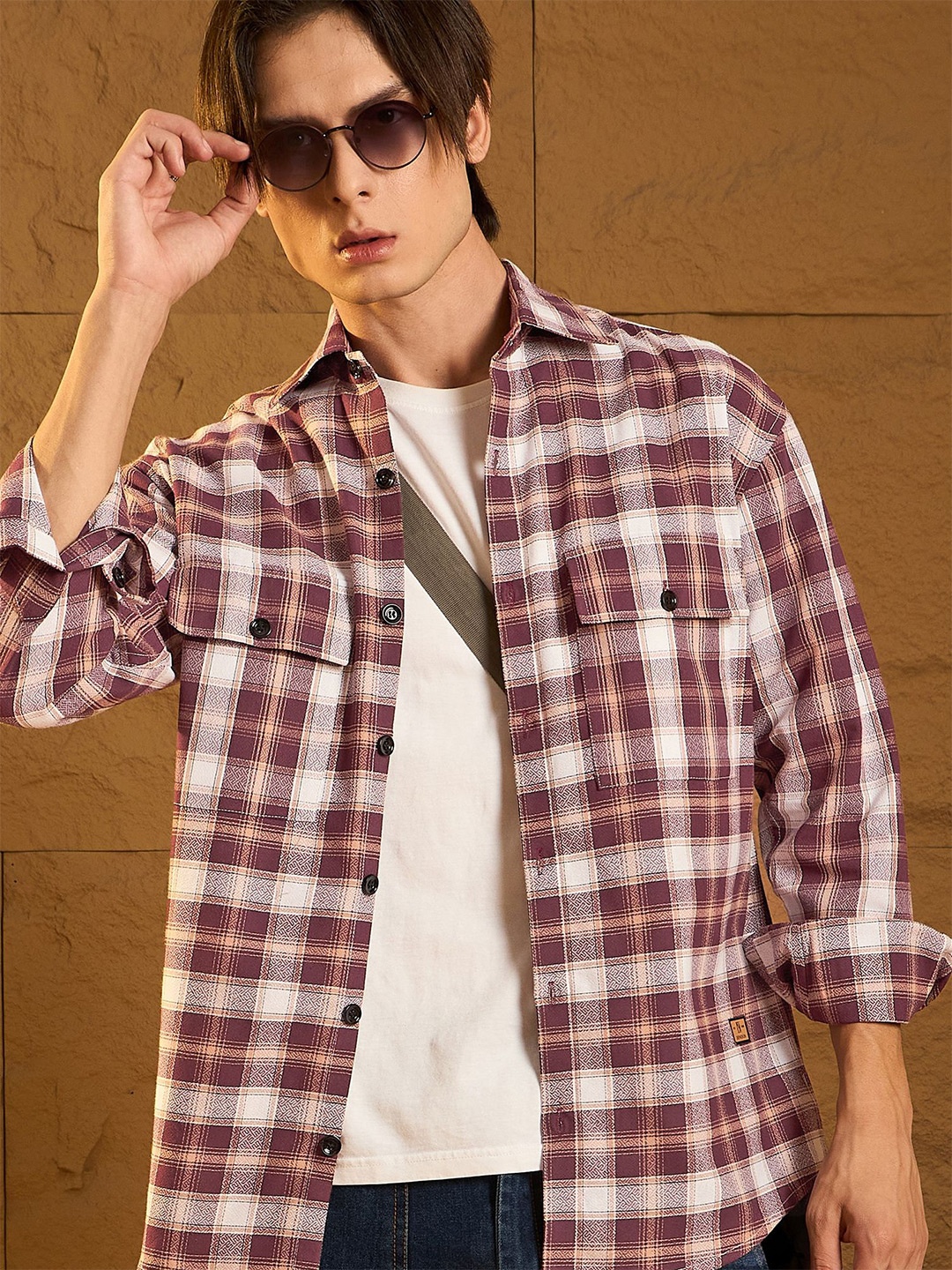 

DENNISON Men Double Pocket Drop Shoulder Oversized Cotton Checked Shacket, Maroon