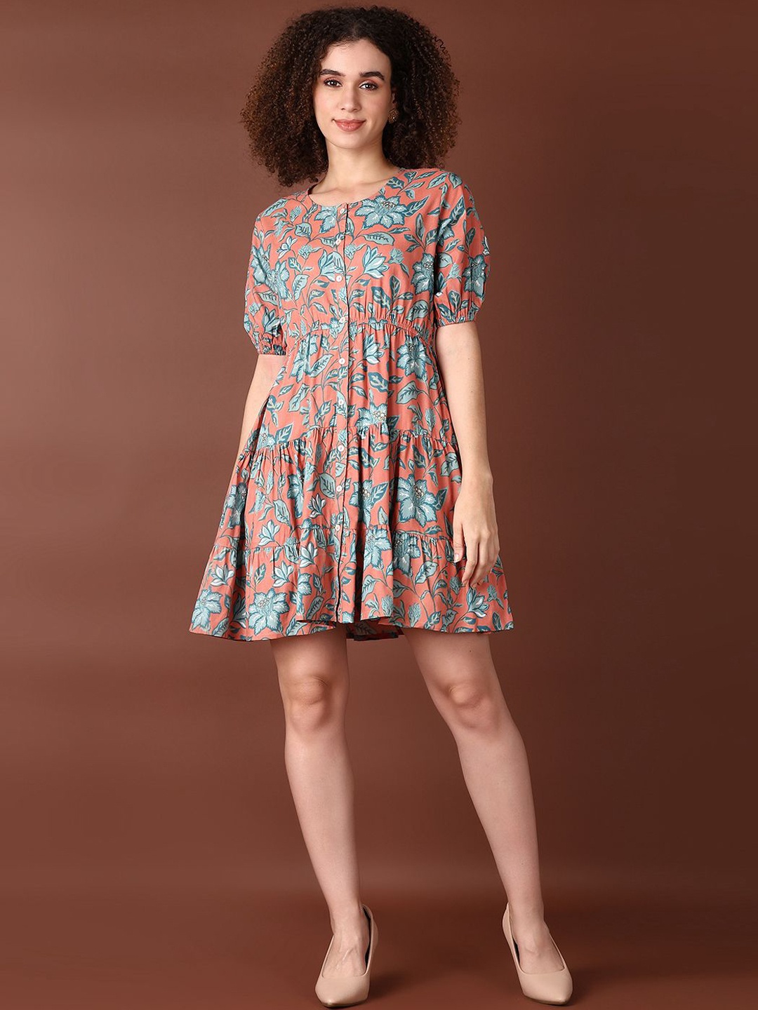 

V-Mart Women Printed Flared Above Knee Length Ethnic Dress, Orange