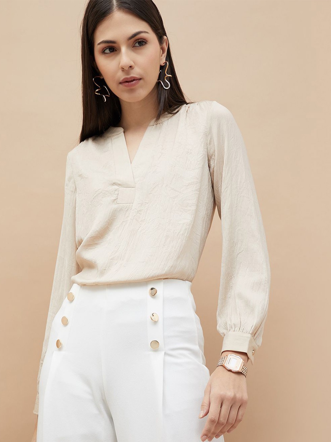

CODE by Lifestyle Women Mandarin Collar Puff Sleeve Top, Beige