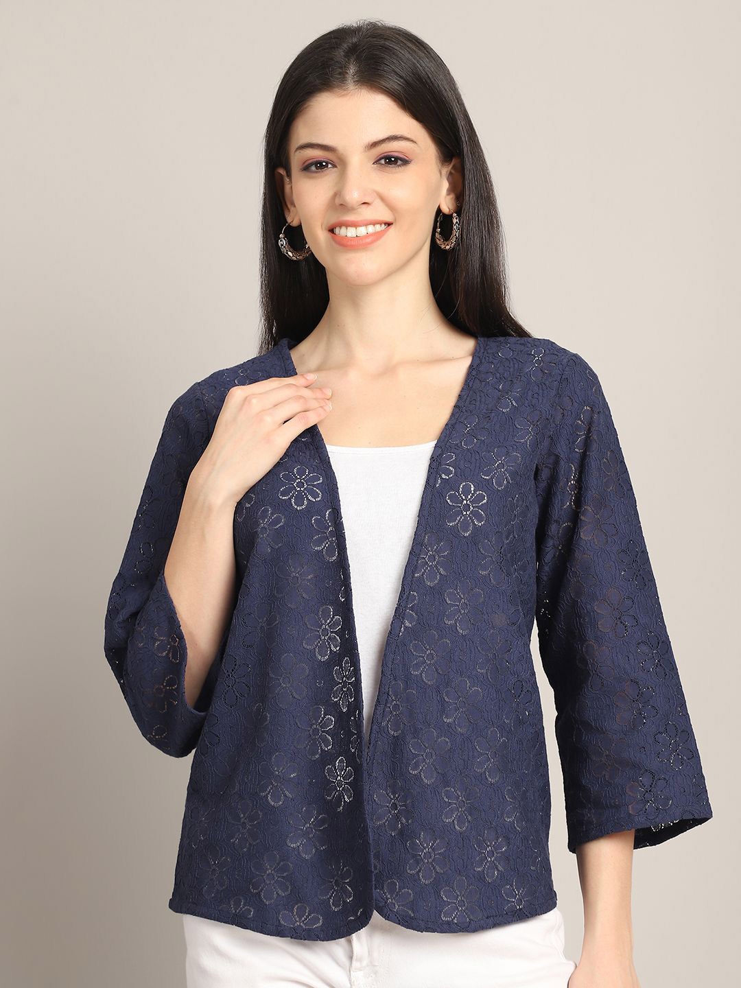 

Rute Self Design Pure Cotton Open Front Shrug, Blue